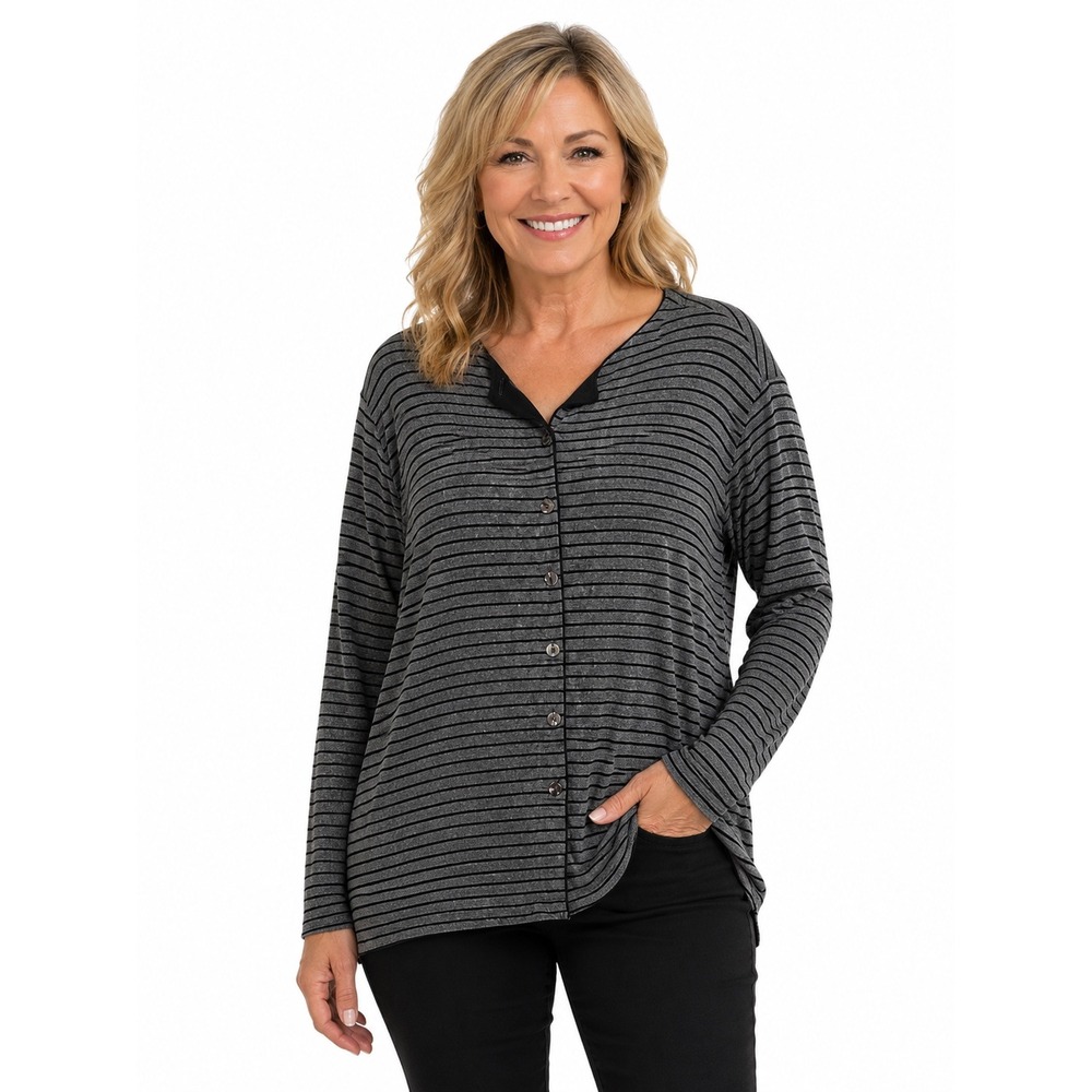 Chicos Travelers Grey Black Striped Button Front Cardigan Top Size 2 Large USA